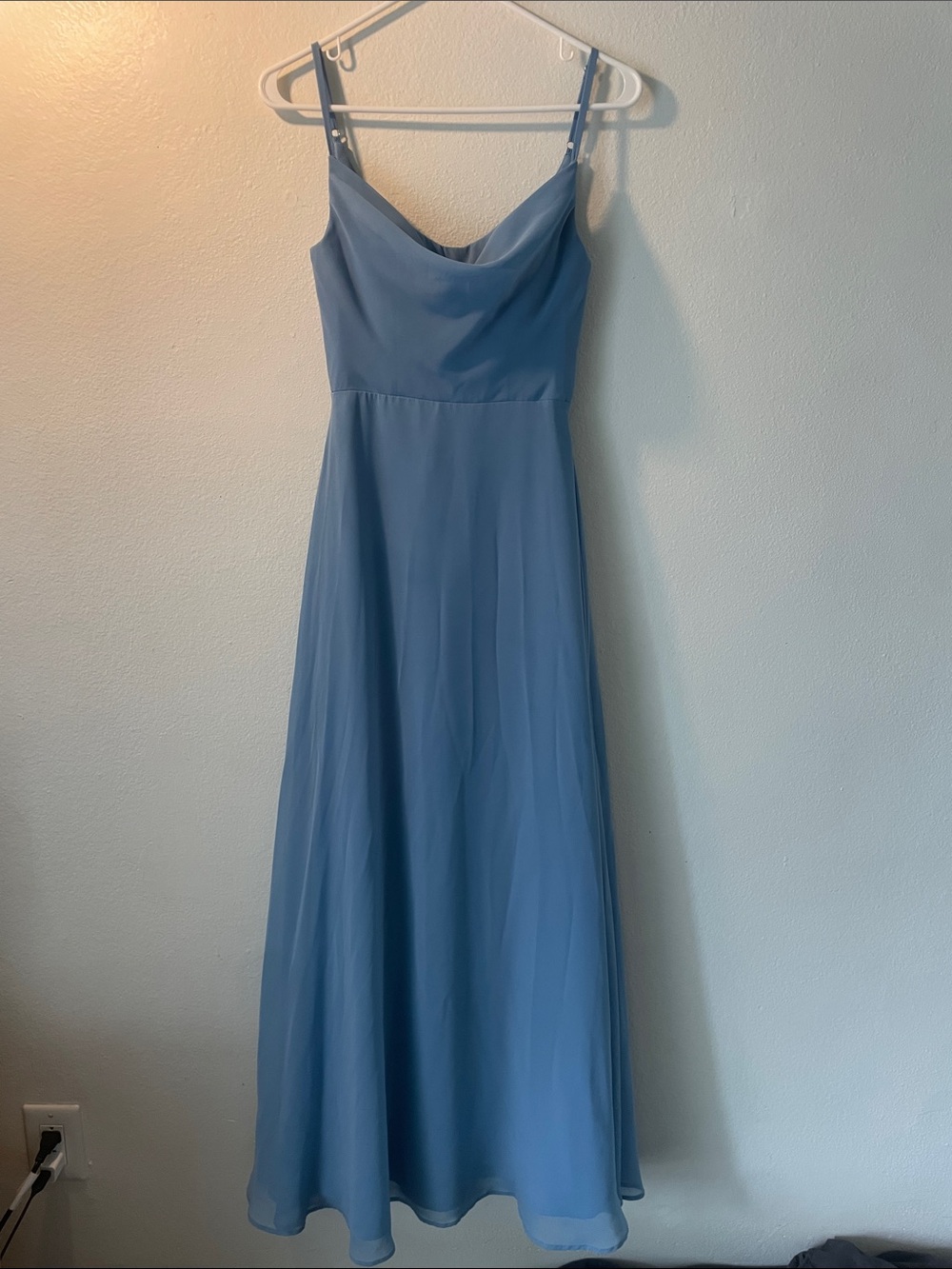 Azazie Dusty Blue Cowl Neck Spaghetti Strap Gown